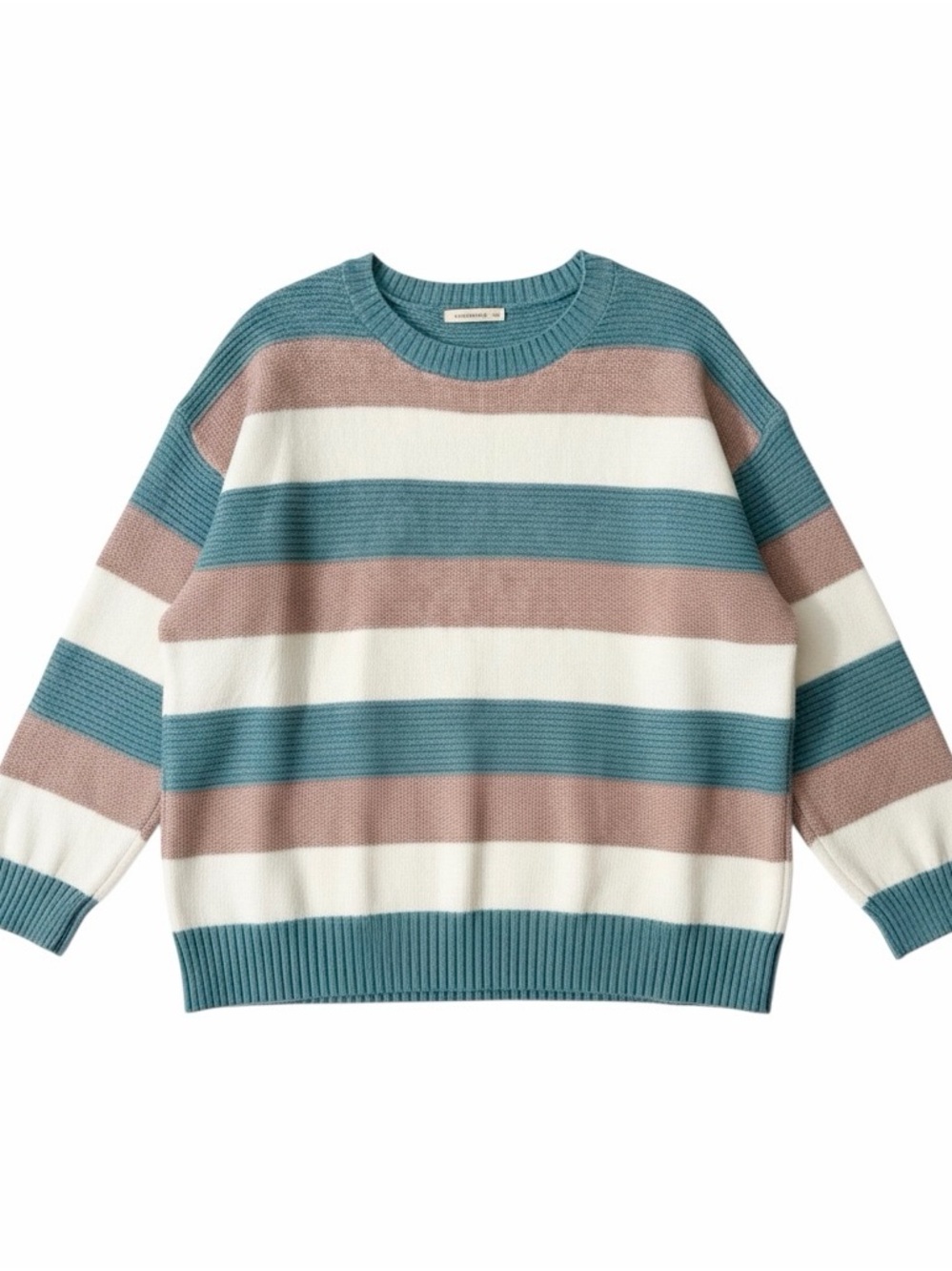 AND THE WHY Women’s Crewneck Sweater in Teal, Cream & Taupe. LIKE NEW